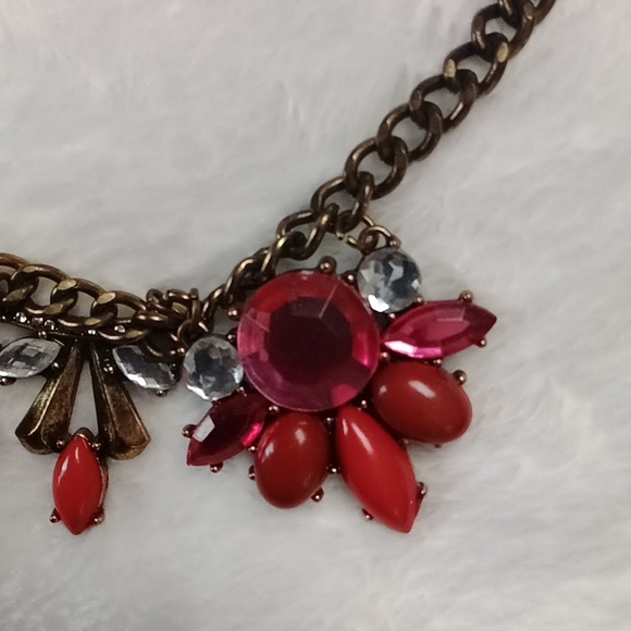 336. STATEMENT NECKLACE PINK GEMS AND RHINESTONES 10" PLUS EXTENSION - Picture 2 of 5